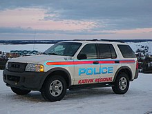 A patrol car belonging to the Kativik Regional Police Force (now the Nunavik Police Service), an arm of the Kativik Regional Government. The Regional Government was established as a result of the James Bay and Northern Quebec Agreement and serves a population that is mostly Inuit. Police car in Kuujjuaq (Fort-Chimo), Quebec, Canada.jpg