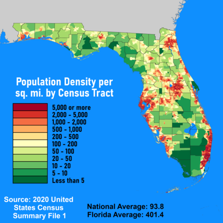 Population density of Florida according to the 2020 census