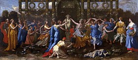 Maleri av Nicolas Poussin som representerer Hymeneus forkledd som en kvinne under et tilbud til Priapus.