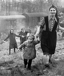 Survivors from Bergen-Belsen concentration camp first experience freedom as their abandoned train is liberated by the 743rd Tank Battalion. Prisoners shipped eastward by train from Bergen-Belsen concentration camp freed by members of the 743rd Tank Battalion near Farsleben, Germany, 13 April 1945.jpg