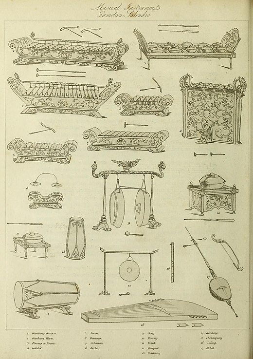 Various Javanese musical instrument in Gamelan Salindro, The History of Java by Thomas Stamford Raffles (1781-1826).