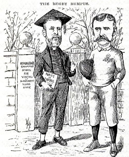 A cartoon lampooning the divide in rugby. The caricatures are of Rev. Frank Marshall, an arch-opponent of broken-time payments and James Miller, a lon