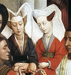 Rogier van der Weyden, Altar der sieben Sakramente (Rogier van der Weyden), Detail, 1445–1450, Koninklijk Museum voor Schone Kunsten, Antwerpen. Dieses formale Gruppenbild zeigt Frauen hohen Ranges, die der damaligen Mode gemäß gekleidet sind. Diese zeichnet sich durch hohe - und in diesem Fall gespaltene - Hennins und V-Ausschnitte aus.