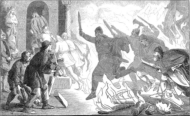 Hrólfr Kraki and his warriors leap across the flames. Illustration by the Danish Lorenz Frølich in a 19th-century book.