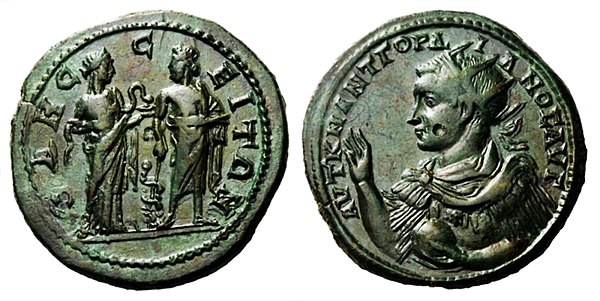 Roman coin from Odessos showing Asclepius with Hygieia on one side and Gordian III's portrait on the other side (35mm, 28g)