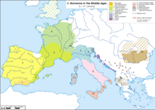 Map showing distribution of Romance languages in the 14th century Romance 14c en.png