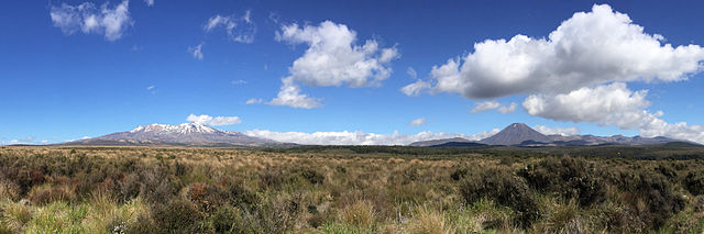 Panorama of Mount Ruapehu and Mount Ngauruhoe looking west from the Desert Road in January 2015