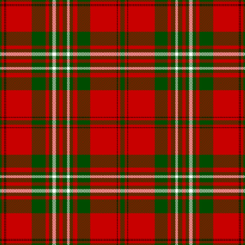 A "busy" tartan of broad red bands, medium green ones, and thin white ones