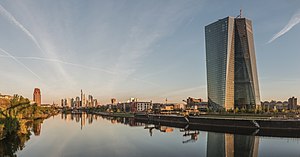Seat of the European Central Bank and Frankfurt Skyline at dawn 20150422 1.jpg