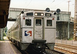 Eastbound SEPTA 145 making a station stop in Paoli, in 1993.