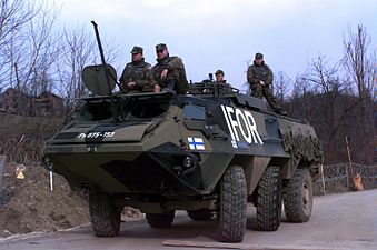 A SISU XA-180 APC armoured personnel carrier stationed at a checkpoint in Bosnia-Herzegovina on March 26, 1996