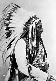 Black-and-white photo Sitting Bull wearing a feathers headdress