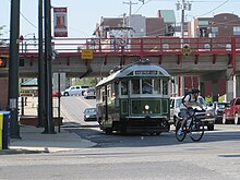 Ex-Melbourne trolley in the South Main St Historic District South Main Street Historic District Memphis TN 2012-04-15 011.jpg