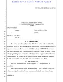 Order on motion to dismiss Spry Fox, LLC v. Lolapps, Inc. Order on Motion to Dismiss dated 18 September 2012 (Docket No. 24).pdf