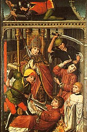 Le martyre de saint Lambert de Maastricht, patron de Liège, panneau peint par Henri Palude, Liège, fin du XVe siècle.