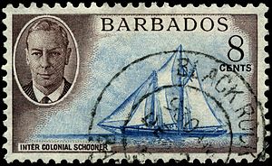 A 1950 8-cent stamp of Barbados picturing an Inter Colonial Schooner. Stamp Barbados 1950 8c.jpg