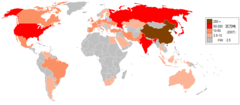 Steel production (in million tons) by country in 2007 Steel production by country map.PNG