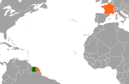 Kaart met daarop Suriname en Frankrijk