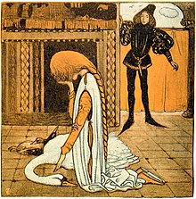 Swan princess crying. Art by John Bauer (1908) for Helena Nyblom's tale Svanhammen. Swan princess crying by John Bauer 1908.jpg