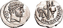 Coin depicting Gnaeus Domitius Calvinus Syd 1358.jpg