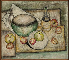 Still life with a green bowl and fruit