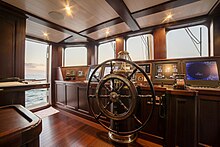 Wheelhouse of motor yacht, Taransay, in 2015 with navigation and systems displays Taransay Wheelhouse.jpg