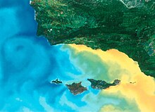 This satellite image shows the sea-water temperature variations around the Northern Channel Islands. Temperature ranges are blue = 44-52degF, green, yellow = 56-64degF, and orange, red = 65-72degF. From west to east, the islands are San Miguel, Santa Rosa, Santa Cruz, and Anacapa. Temperature variation in the Northern Channel Islands.jpg