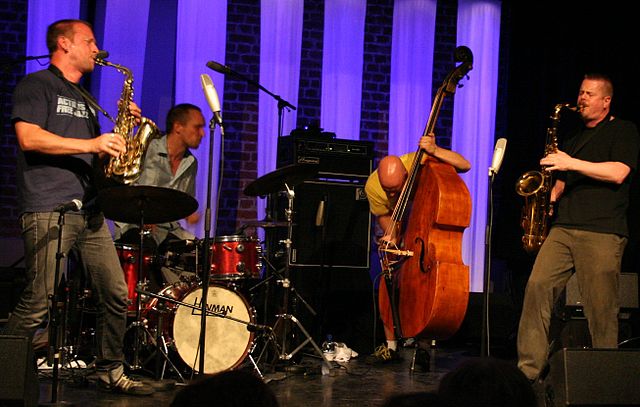 Norwegian/Swedish free jazz trio The Thing plays with Ken Vandermark at Kongsberg Jazzfestival, Norway 2008. From the left is Mats Gustafsson (Sweden)