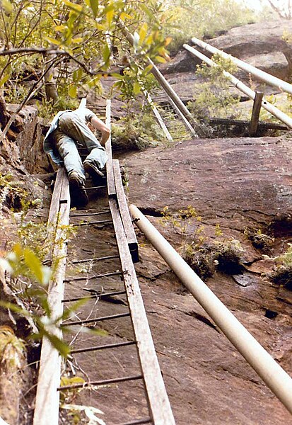 This series of five ladders provided access to the dam in the gully above the cliffs. Photographed in 1983.