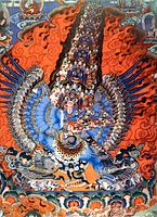 A multi-limbed Tibetan deity surrounded by an aureole of billowing fire and a pillar of smoke which signifies the wrathful nature of the deity (19th century). (Thangka of the Hayagriva)