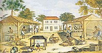 This 1670 painting shows enslaved Africans working in the tobacco sheds of a colonial tobacco plantation Tobacco cultivation (Virginia, ca. 1670).jpg