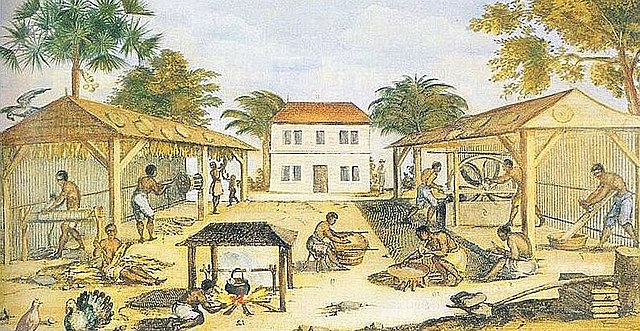 A 1670 illustration of African slaves working in 17th-century colonial Virginia in British America