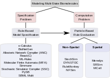 An overview of tools discussed that are used for the rule-based specification and particle-based evaluation (spatial or non-spatial) of multi-state biomolecules. Tools for rule-based and particle-based modelling of multi-state biomolecules.svg