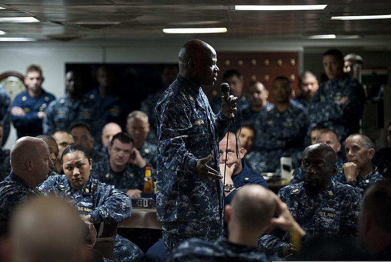 File:U.S. Naval Air Forces Pacific Force Master Chief Anthony Johnson, center, addresses chief petty officers aboard the aircraft carrier USS Carl Vinson (CVN 70) at Naval Station North Island in Coronado, Calif 130403-N-TZ605-352.jpg