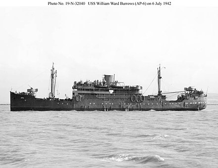USS William Ward Burrows on 6 July 1942. Her 3"/23 guns have been replaced with 3"/50 guns and the sponson in the forward well deck for the 50-foot motor launches has been removed. (The aft well deck is clearly visible forward of the poop.)