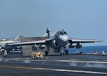 VAQ-137 EA-6B preparing for a catapult launch from USS Enterprise US Navy 031010-N-6187M-005 A EA-6B Prowler attached to the ^ldquo,Rooks^rdquo, of Electronic Attack Squadron One Three Seven (VAQ-137).jpg
