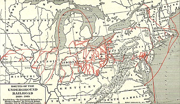 Various routes of the underground railroad aiding the escape of slaves to Canada. One branch ran through Woodford County.