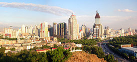 A panoramic view of Ürümqi's city center taken from Red Mountain (Hong Shan).