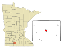 Watonwan County Minnesota Sisällytetyt ja rekisteröimättömät alueet St. James Highlighted.svg