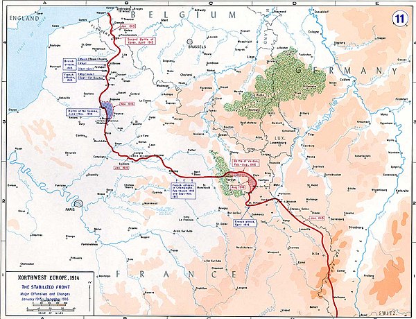 The front line in 1916, British gains during the battle of the Somme are shaded blue.