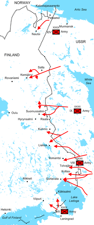 Diagram of Soviet offensives at the start of the war illustrating the positions of the four Soviet armies and their attack routes. The Red Army invaded dozens of kilometres deep into Finland along the 1,340 kilometre border during the first month of the war.