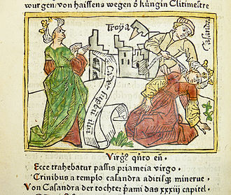 Woodcut illustration of Cassandra's prophecy of the fall of Troy (at left) and her death (at right), from an Incunable German translation by Heinrich Steinhowel of Giovanni Boccaccio's De mulieribus claris, printed by Johann Zainer [de] at Ulm ca. 1474. Woodcut illustration of Cassandra's prophecy of the fall of Troy (at left) and her death (at right) - Penn Provenance Project.jpg