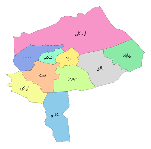 نقشه قابل کلیک شهرستان‌های استان یزد