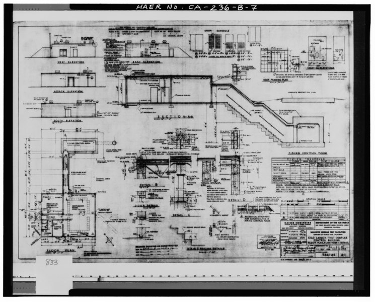 File:"CONTROL BUILDING; FLOOR PLAN, ELEVATIONS AND DETAILS." Specifications No. OC1-59-53; Drawing No. 5841-A-1; D.O. SERIES AW1525-2 Rev. B. Stamped- RECORD DRAWING AS HAER CAL,15-BORON.V,4B-7.tif