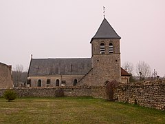 Photographie en couleurs d'une église, de sa nef et de son clocher