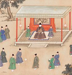 The Xuande Emperor (r. AD 1425–1435) of the Ming Dynasty observing court eunuchs playing cuju
