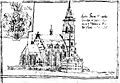 Plzeňský kostel sv. Bartoloměje a latinská škola, 1602, perokresba pro Plzeňskou vedutu
