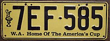 "Home of the America's Cup" vehicle registration plate 1983 Western Australia registration plate 7EF585 Home of the America's Cup.jpg