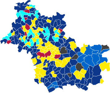 Nuance politique des candidats arrivés en tête dans chaque commune au 1er tour.