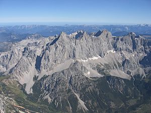 Aerial view of the Dachstein south walls with Torstein, Mitterspitz and Hohem Dachstein (from left to right)